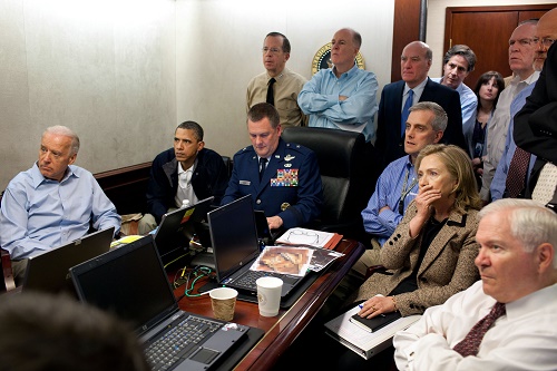 President Obama in Situation Room with several cabinet members
